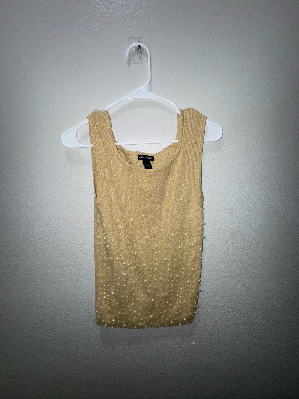 Lauren Michelle Gold Metallic Pearl Embellished Knit Tank Top M